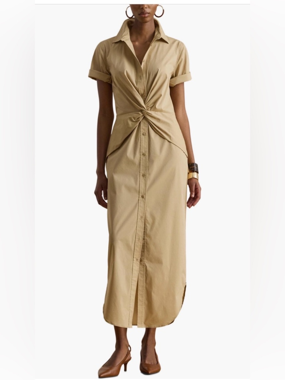 New Ralph Lauren Twist-Front Cotton-Blend Shirtdress in Birch Tan. Size 4.